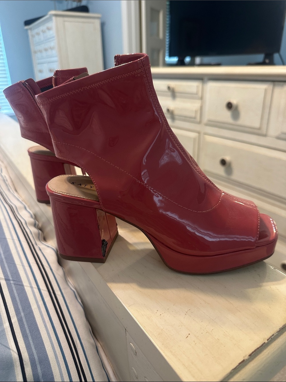 Katy Perry Collections Patent Open-Toe Block Heel Booties in Red